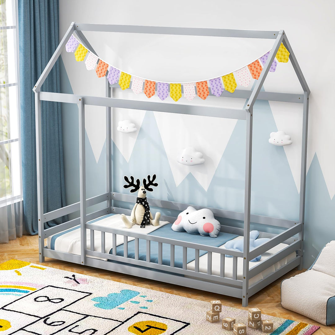 Giantex Twin Floor Bed with Fence, Wood Montessori Bed with Safety Guardrails and 80.5" High Roof Design