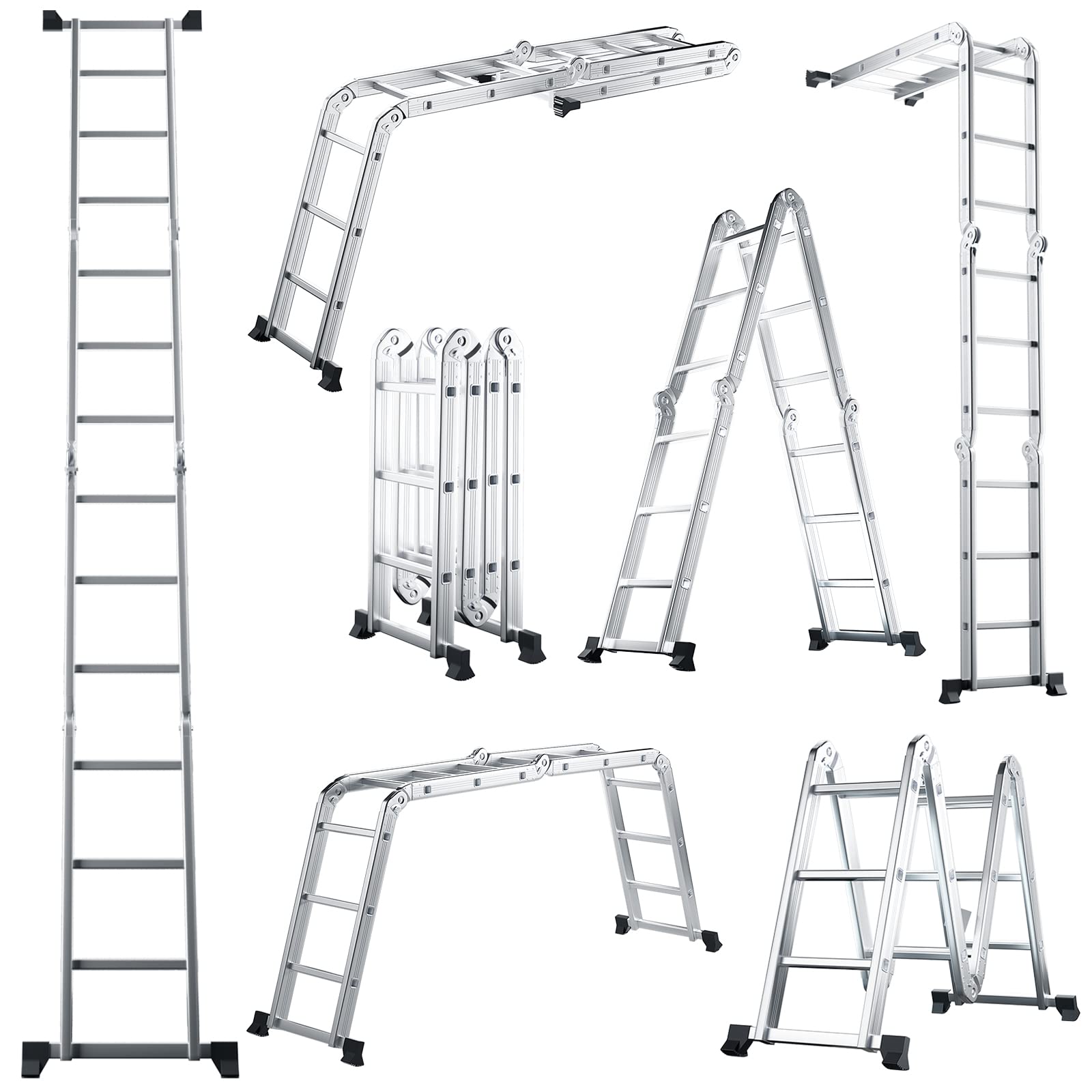 7 in 1 Folding Extension Ladders,Extendable Scaffold Aluminum Step Ladder 330LB (12.2 Ft)