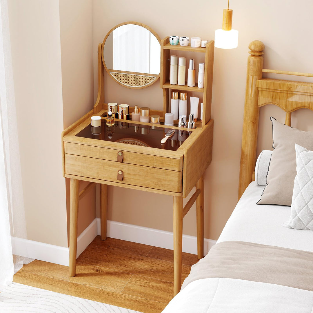 CHARMAID Small Vanity Desk with Mirror Glass Top Bamboo Makeup Vanity Table