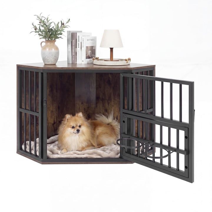 Giantex Corner Dog Crate Furniture with Adjustable &amp; Reversible Elevated Feeder