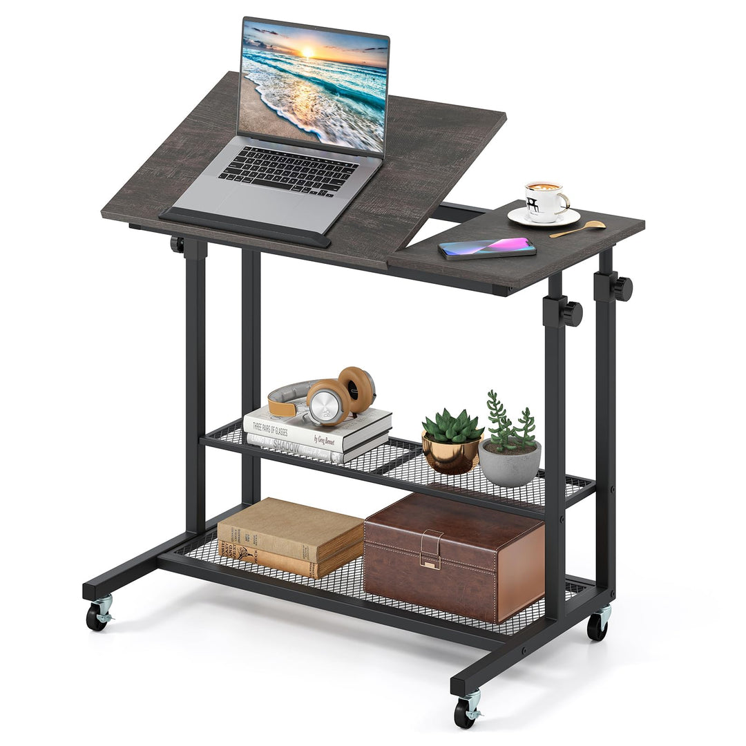 Giantex Adjustable Rolling Computer Desk with Tilting Desktop and Storage Shelves