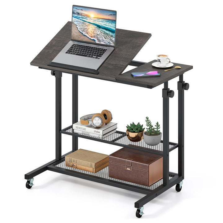 Giantex Adjustable Rolling Computer Desk with Tilting Desktop and Storage Shelves