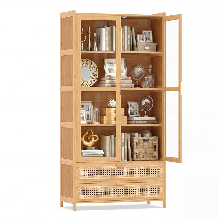 GIANTEX 54.5" Tall 6-Tier Freestanding Bamboo Bookshelf with 2 Acrylic Doors and 2 Drawers