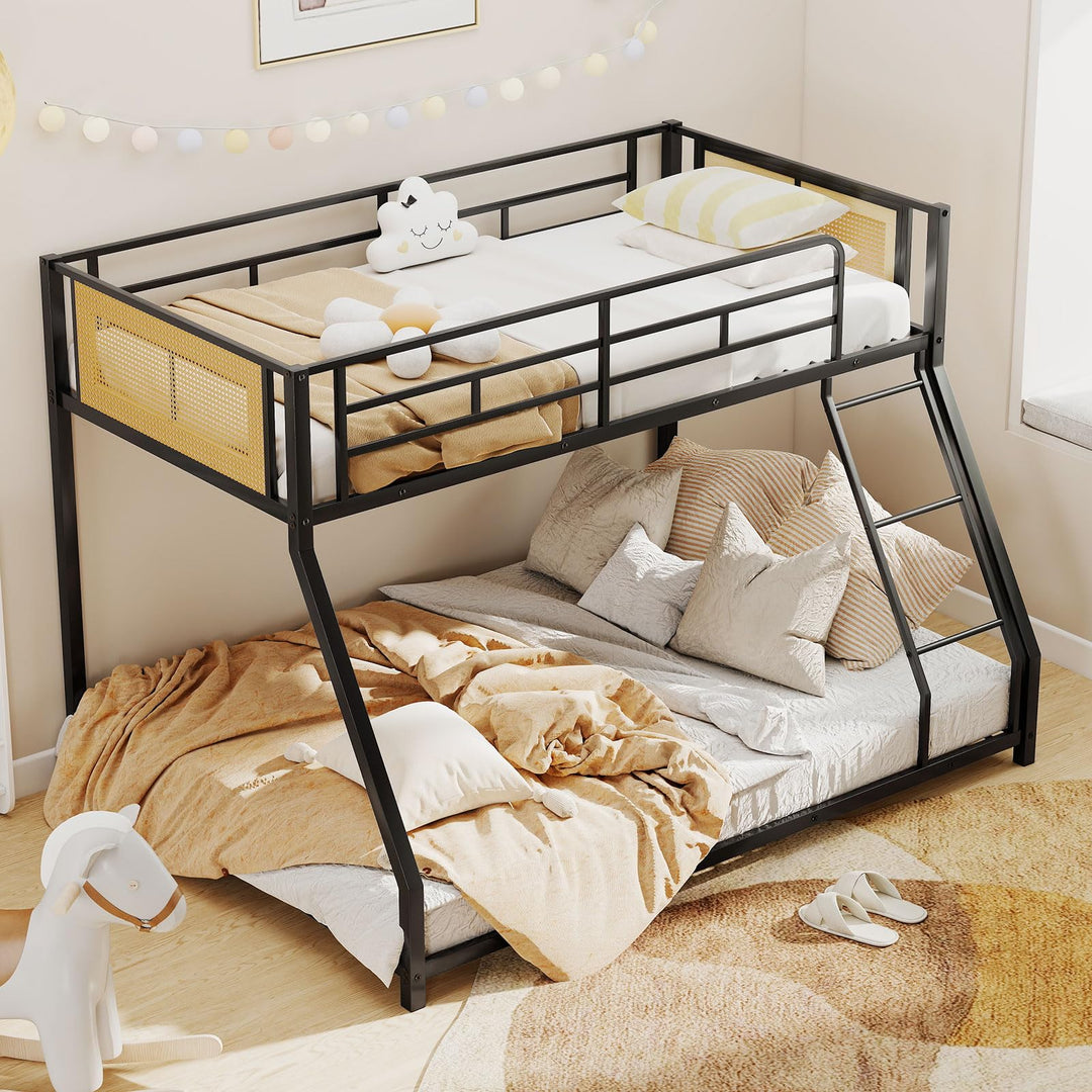 Giantex Twin Over Full Metal Bunk Bed, Boho Rattan Floor Bunkbeds