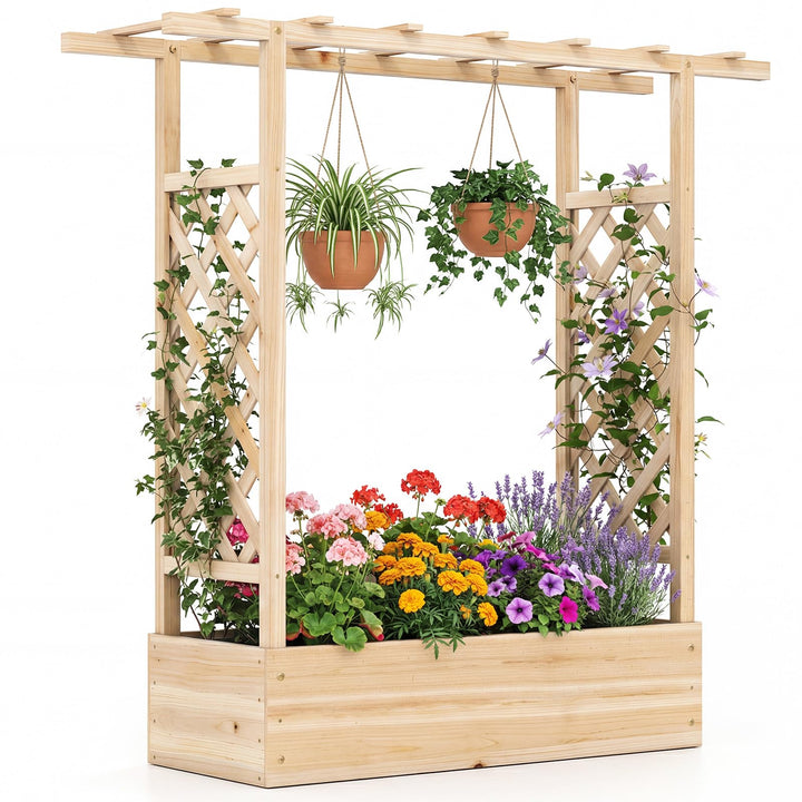 Giantex Wooden Raised Garden Bed with Trellis & Hanging Roof