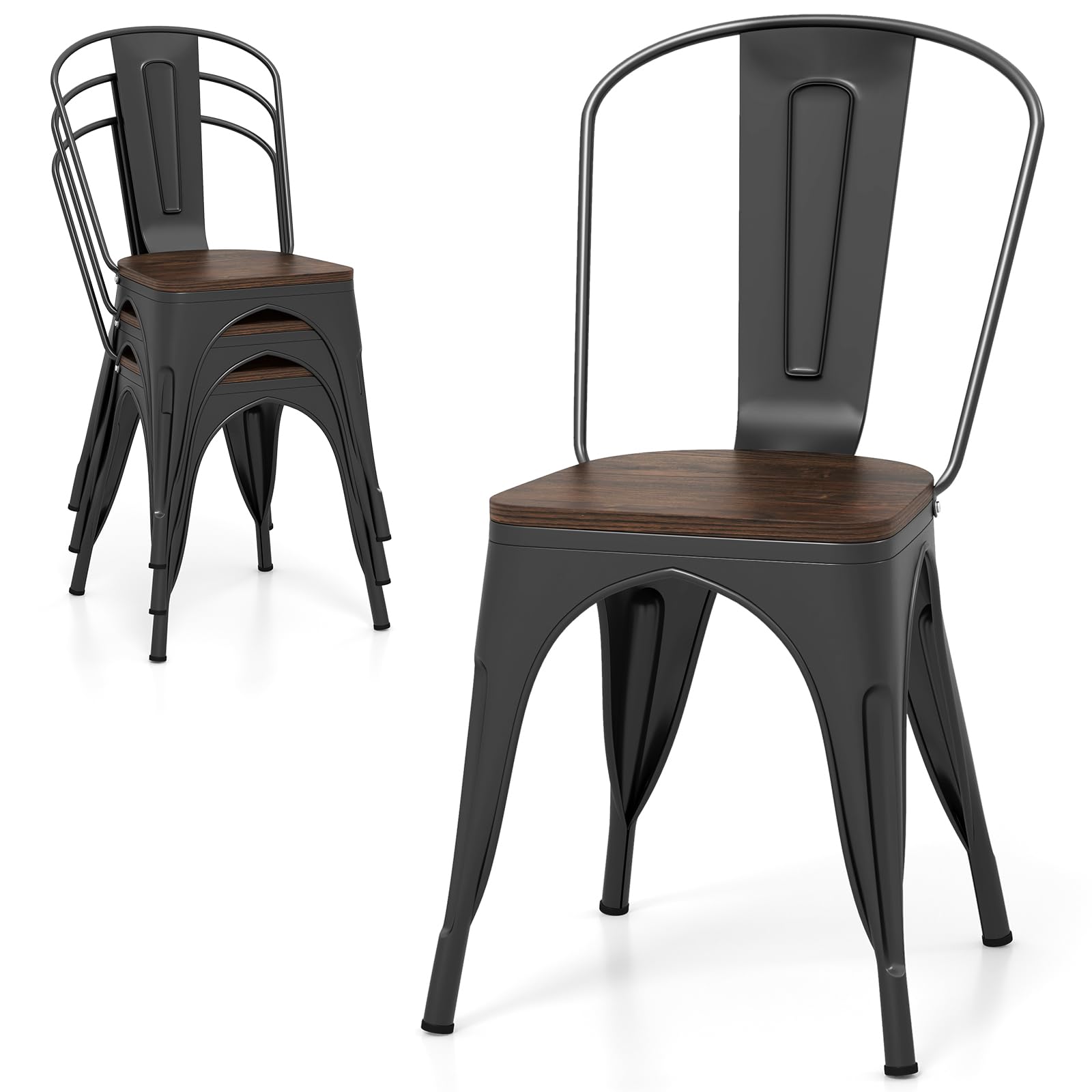 Giantex Metal Dining Chairs Set of 4, Stackable Kitchen Chairs with Wood Seat & Removable Backrest