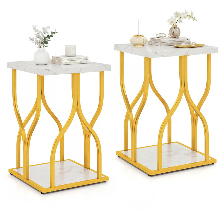 Giantex 2-Tier End Table with Storage Shelf &amp; Gold Petal-Inspired Geometric Metal Frame