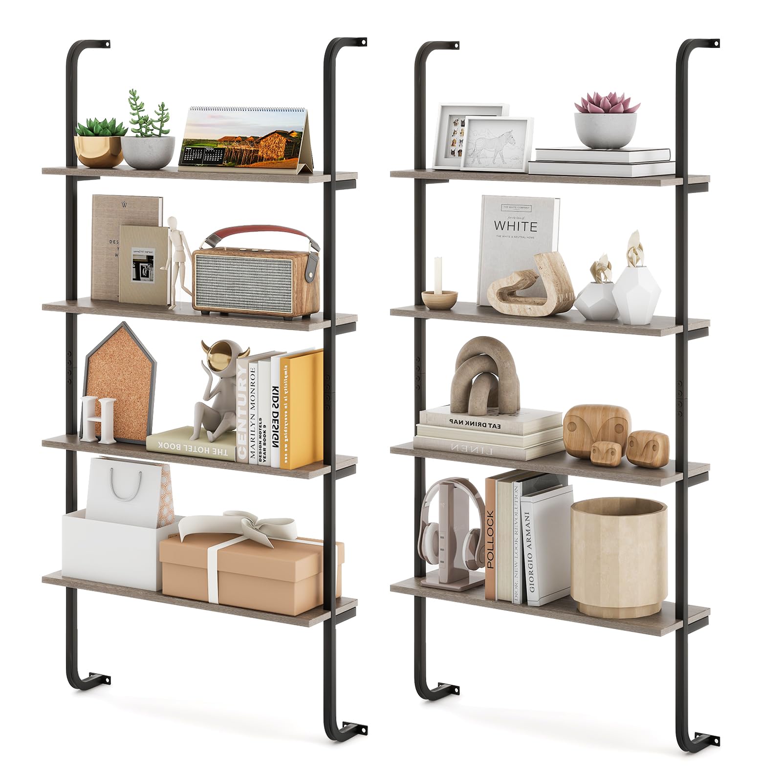 Giantex 4-Tier Industrial Bookshelf, Wall Mounted Pipe Shelving Unit, Floating Shelves with Metal Frame