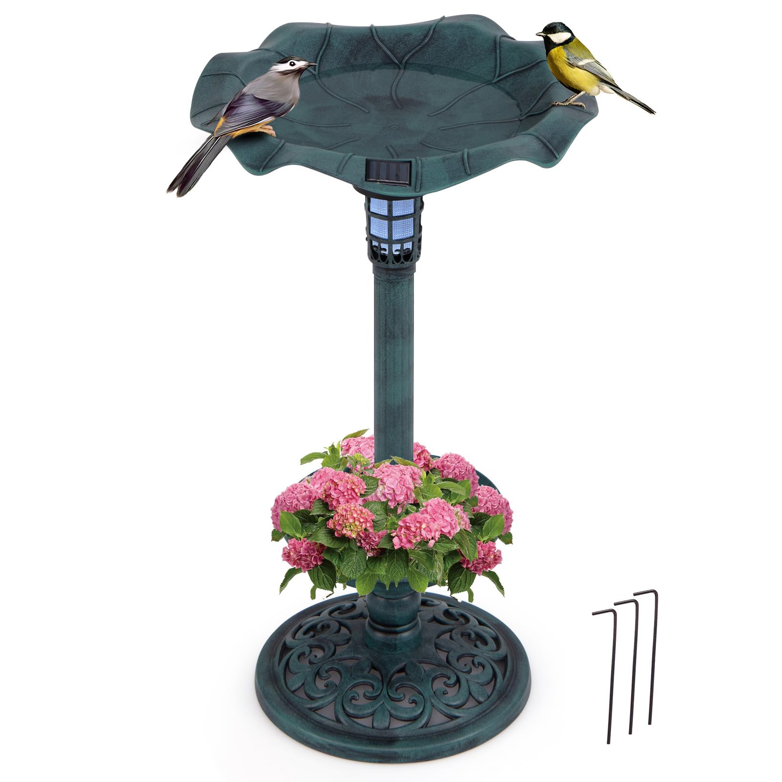 Giantex Bird Bath for Outside, 30 inch Solar Lighted Bird Bath and Feeder with Flower Planter