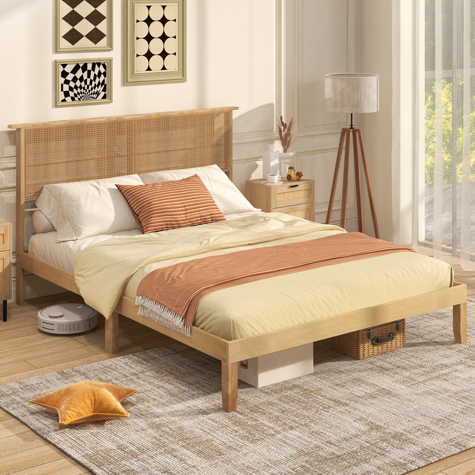 Giantex Bed Frames with Rattan Headboard, Boho Solid Wood Platform Bed with Wooden Slats