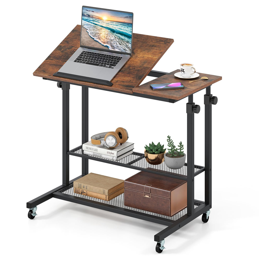 Giantex Adjustable Rolling Computer Desk with Tilting Desktop and Storage Shelves