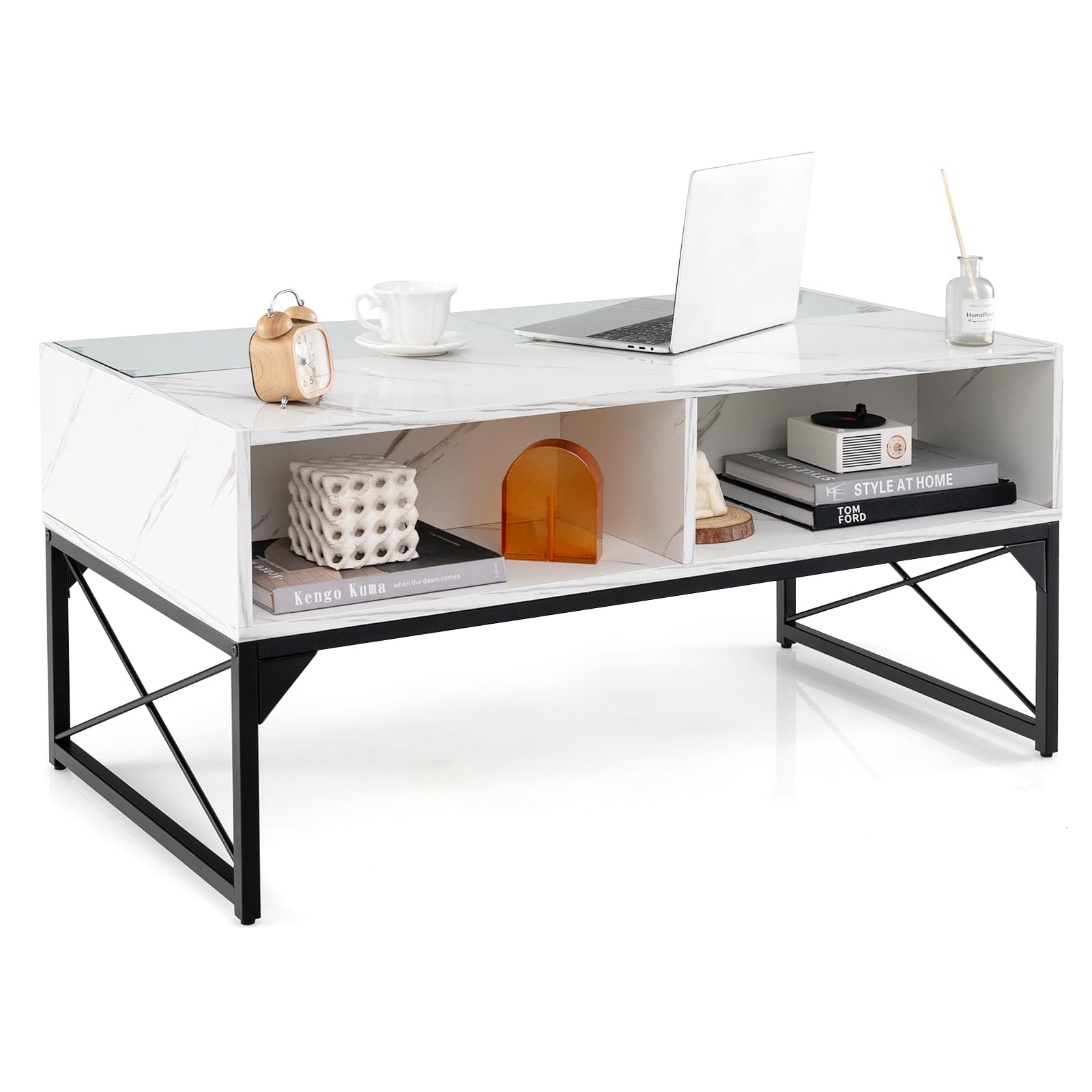 Giantex LED Coffee Table, High Gloss Coffee Tables with 4 Storage Cubes