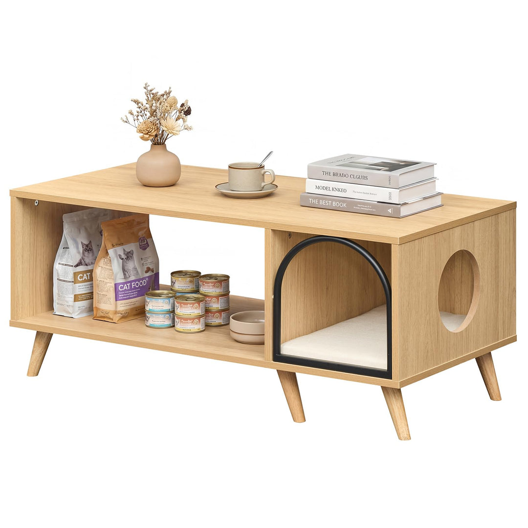 Giantex 2 in 1 Coffee Table with Cat House for Entryway Home