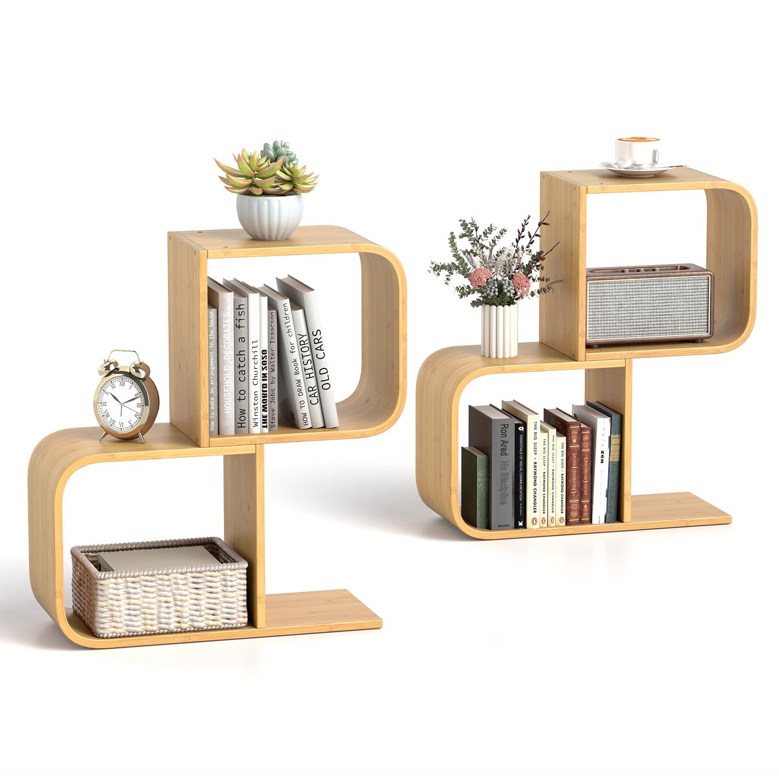 Giantex S-Shaped Bookcase, 2-Tier Bamboo Bookshelf with 2 Open Cubes, Geometric Corner Display Shelf