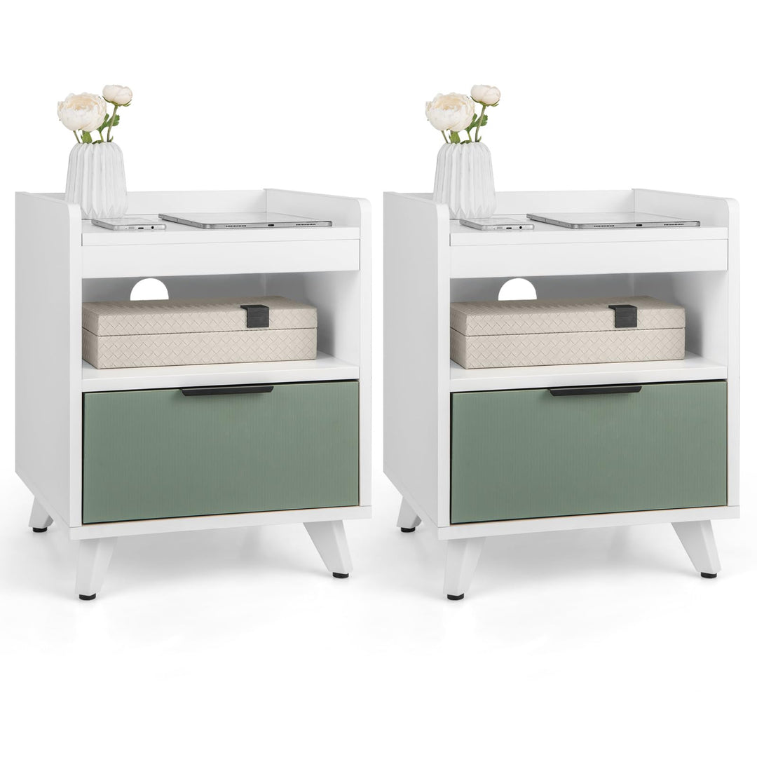 Giantex Nightstand with Drawer, 3-Tier Bedside Table with Storage Drawer & Open Compartment