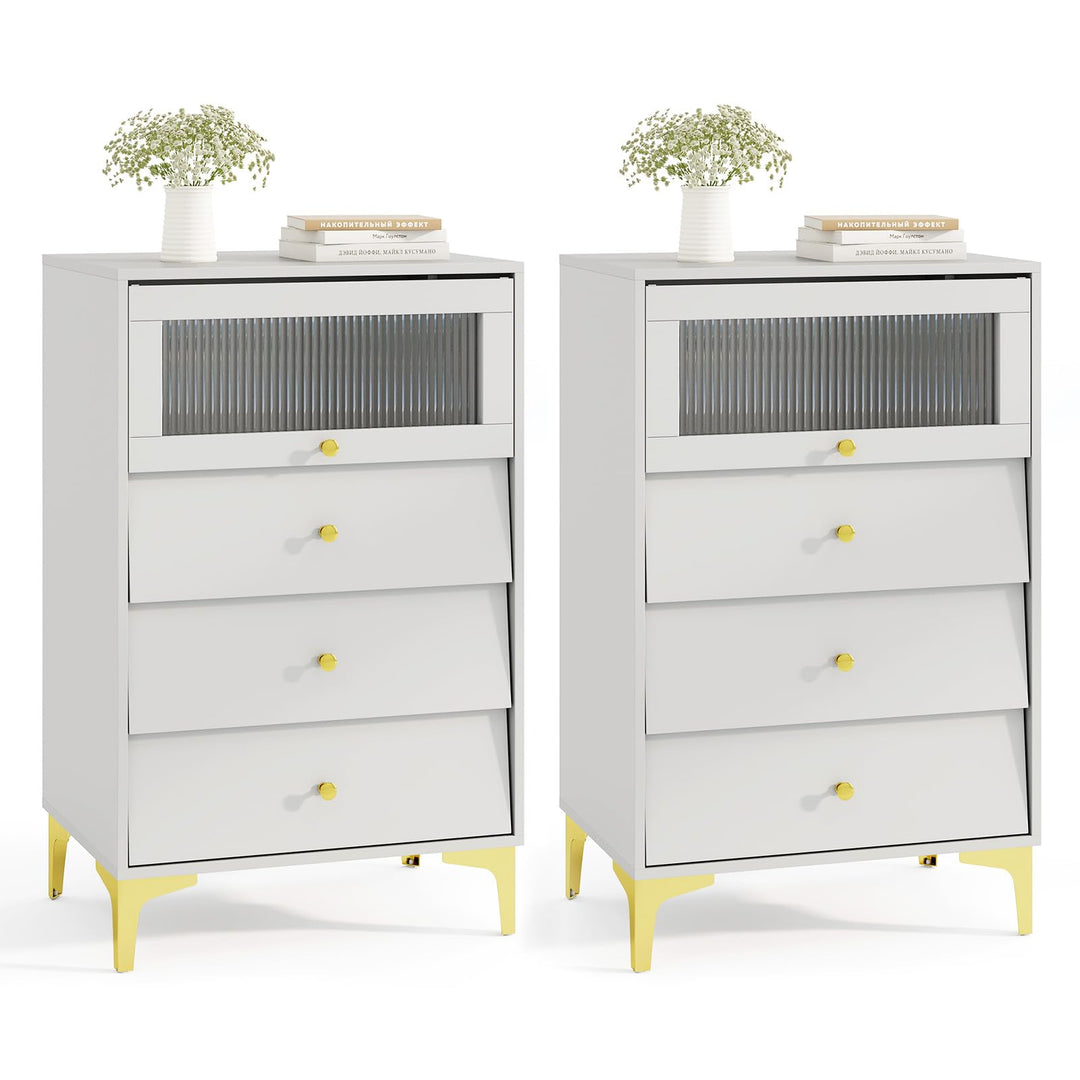 Giantex 3 Drawer Dresser, Modern Storage Cabinet w/Flip Up Fluted Glass Door & Pull-Out Drawers