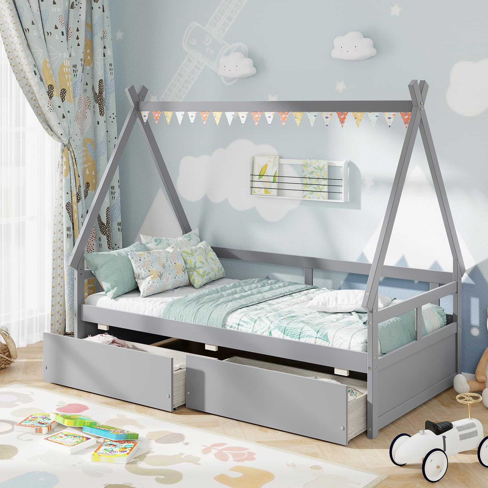 Giantex Twin Bed with 2 Storage Drawers, Wood Montessori House Tent Bed Frame with Safety Guardrail