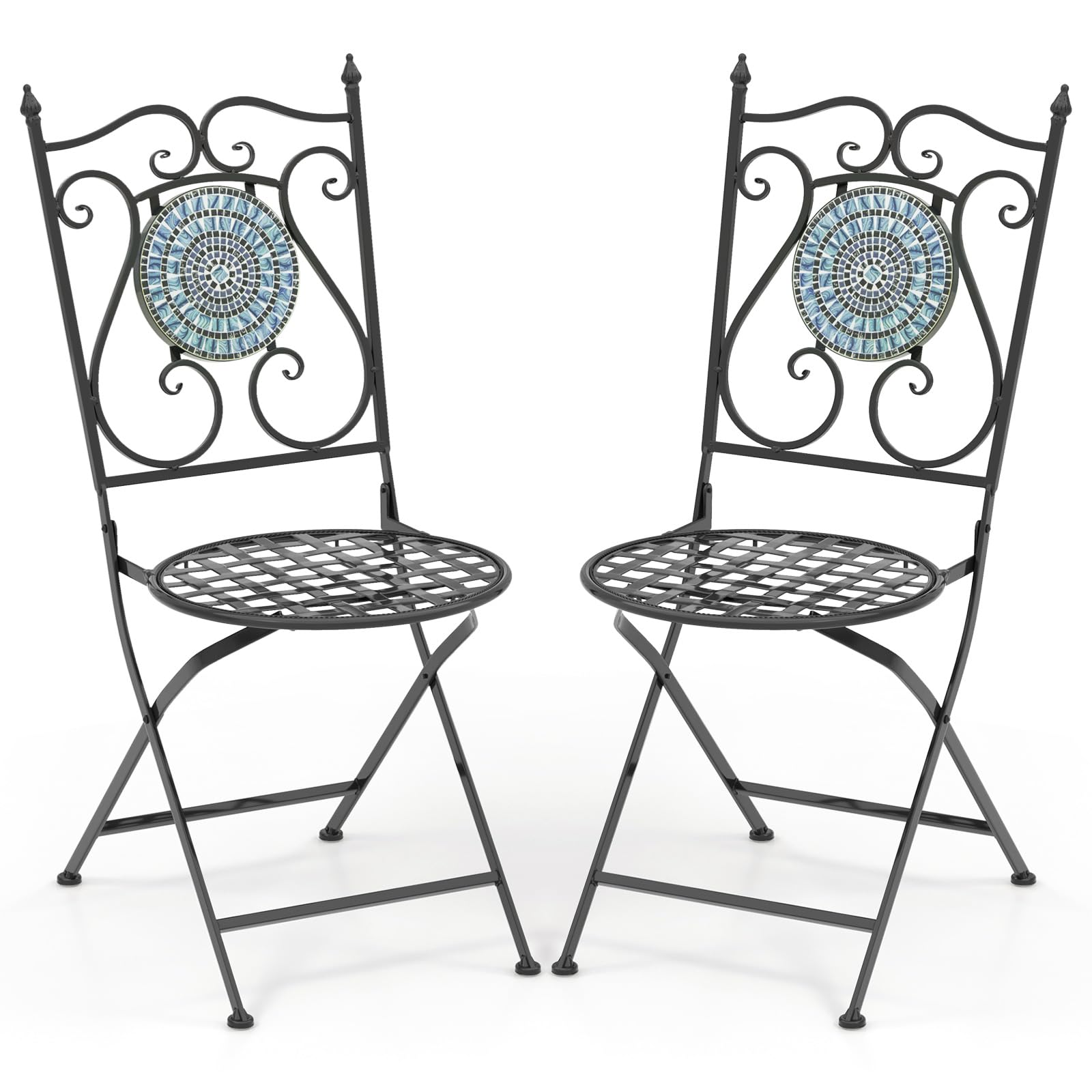 Giantex Patio Folding Chairs, Mosaic Bistro Chairs w/Backrest & Round Seat for Porch Balcony Lawn