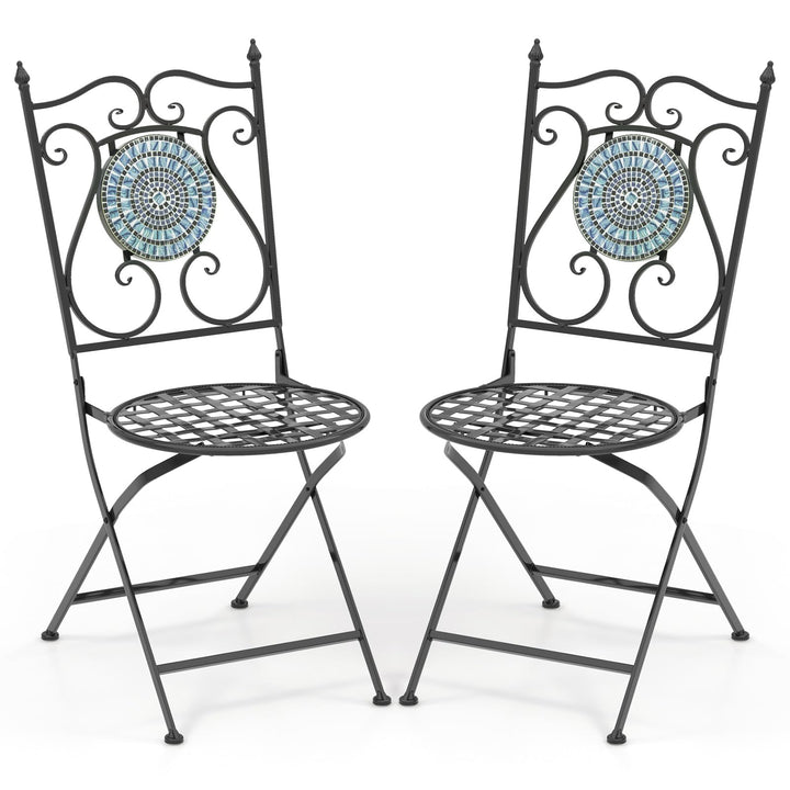Giantex Patio Folding Chairs, Mosaic Bistro Chairs w/Backrest & Round Seat for Porch Balcony Lawn