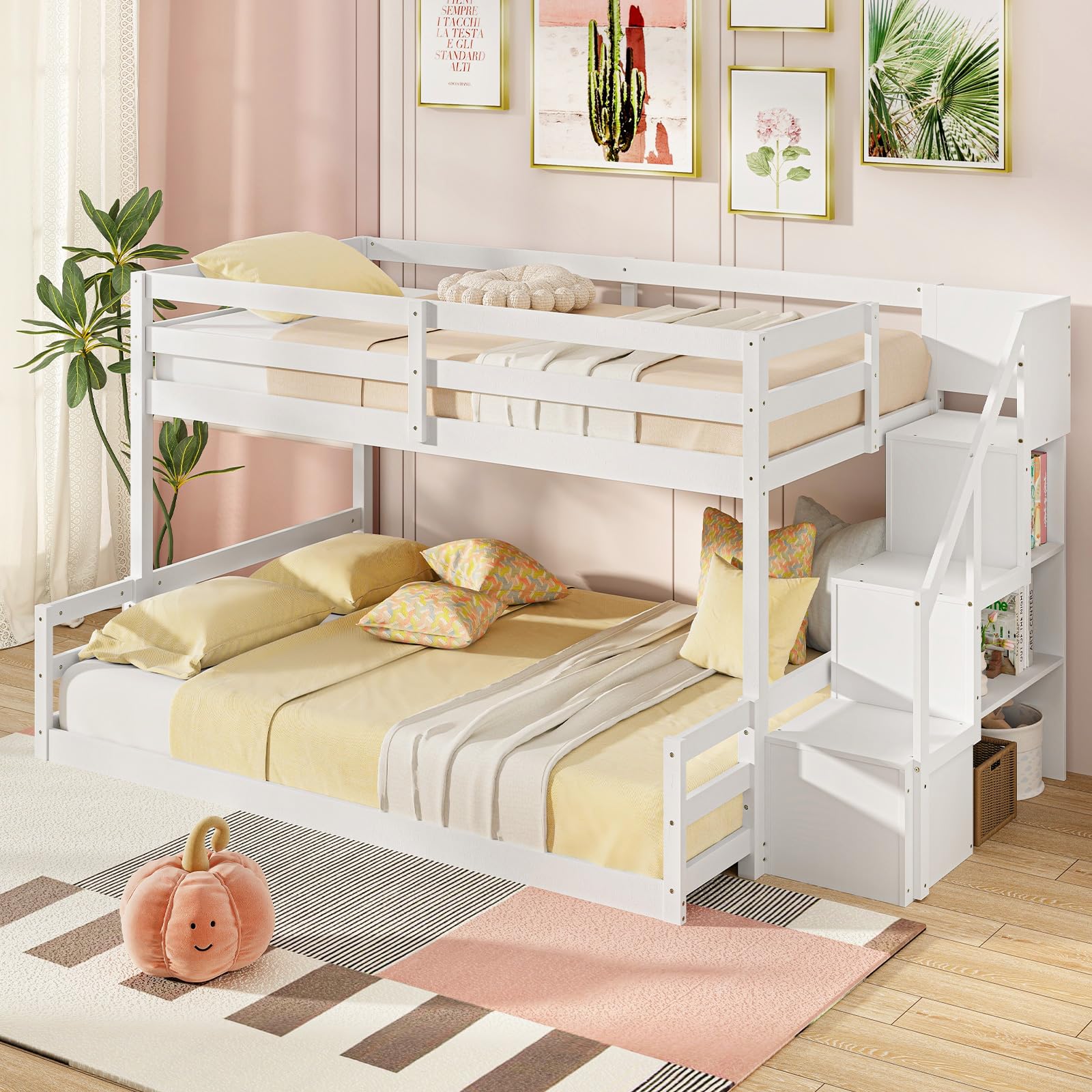 Giantex Bunk Bed with Stairs, Solid Wood Floor Bunk Bed with Storage Staircase & Full-Length Guardrails