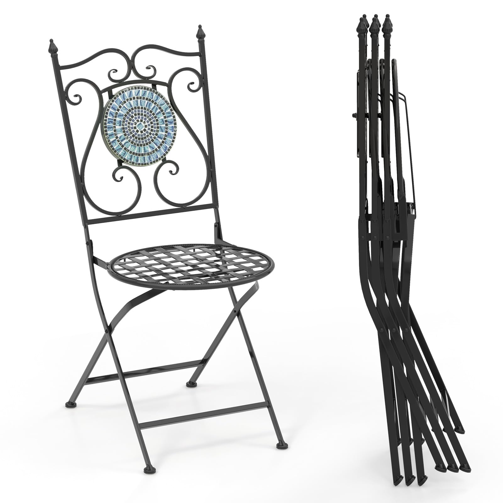 Giantex Patio Folding Chairs, Mosaic Bistro Chairs w/Backrest & Round Seat for Porch Balcony Lawn