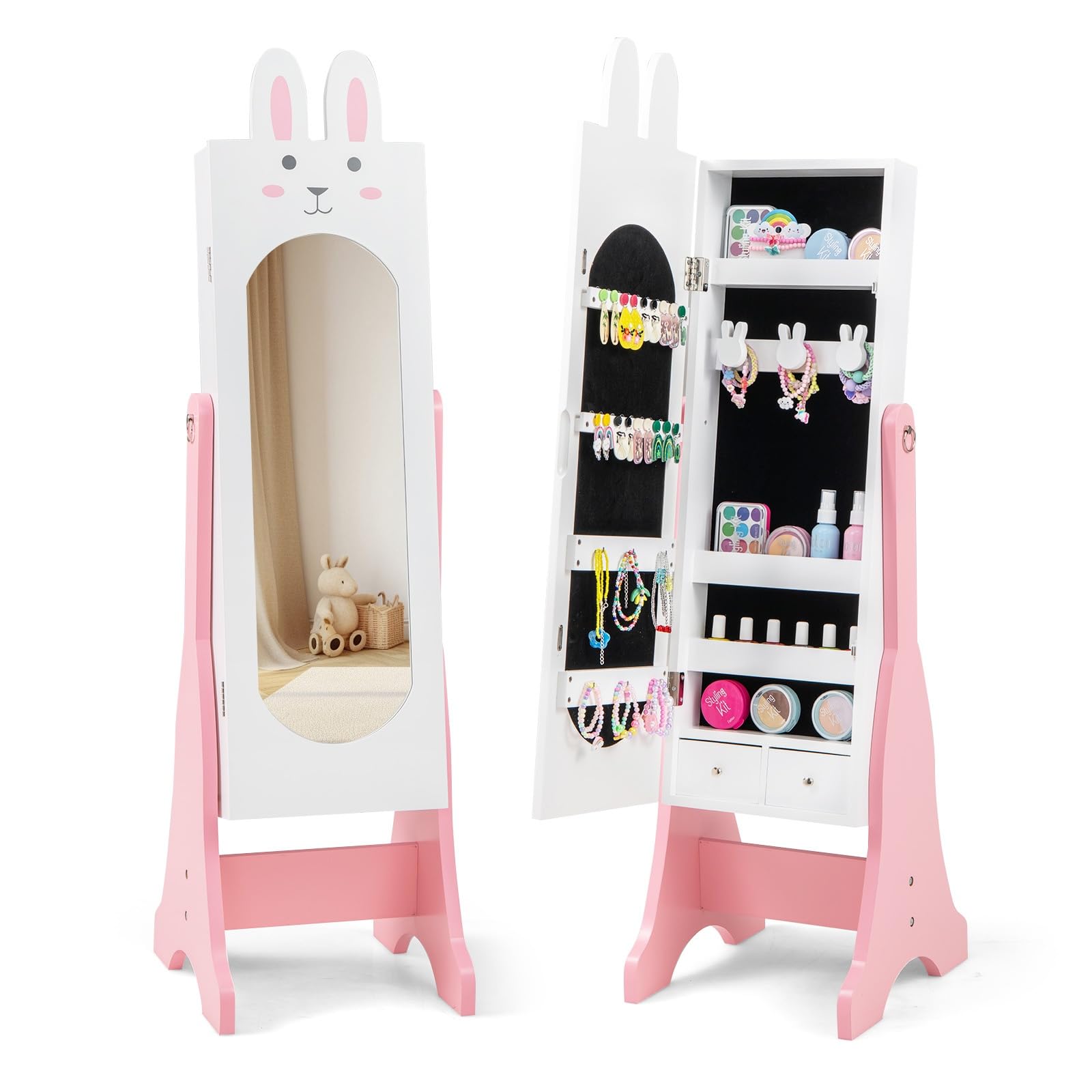 CHARMAID Kids Mirror Jewelry Cabinet - 45" Standing Jewelry Armoire with Full Length Mirror