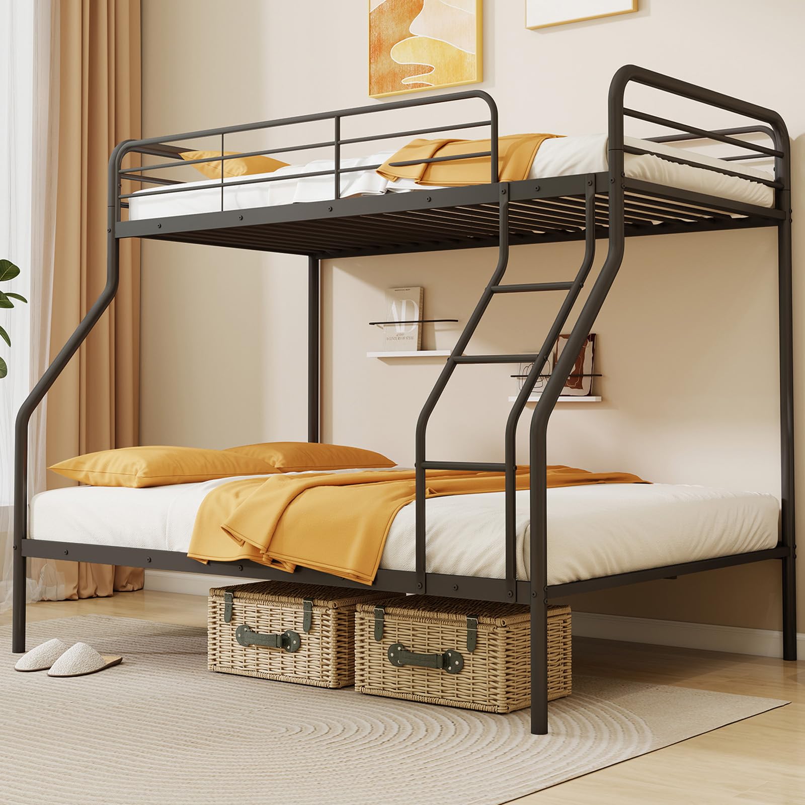 Giantex Metal Bunk Beds Twin Over Full Size, Heavy Duty Bunk Bed for Teens Adults with Ladder & Guardrails