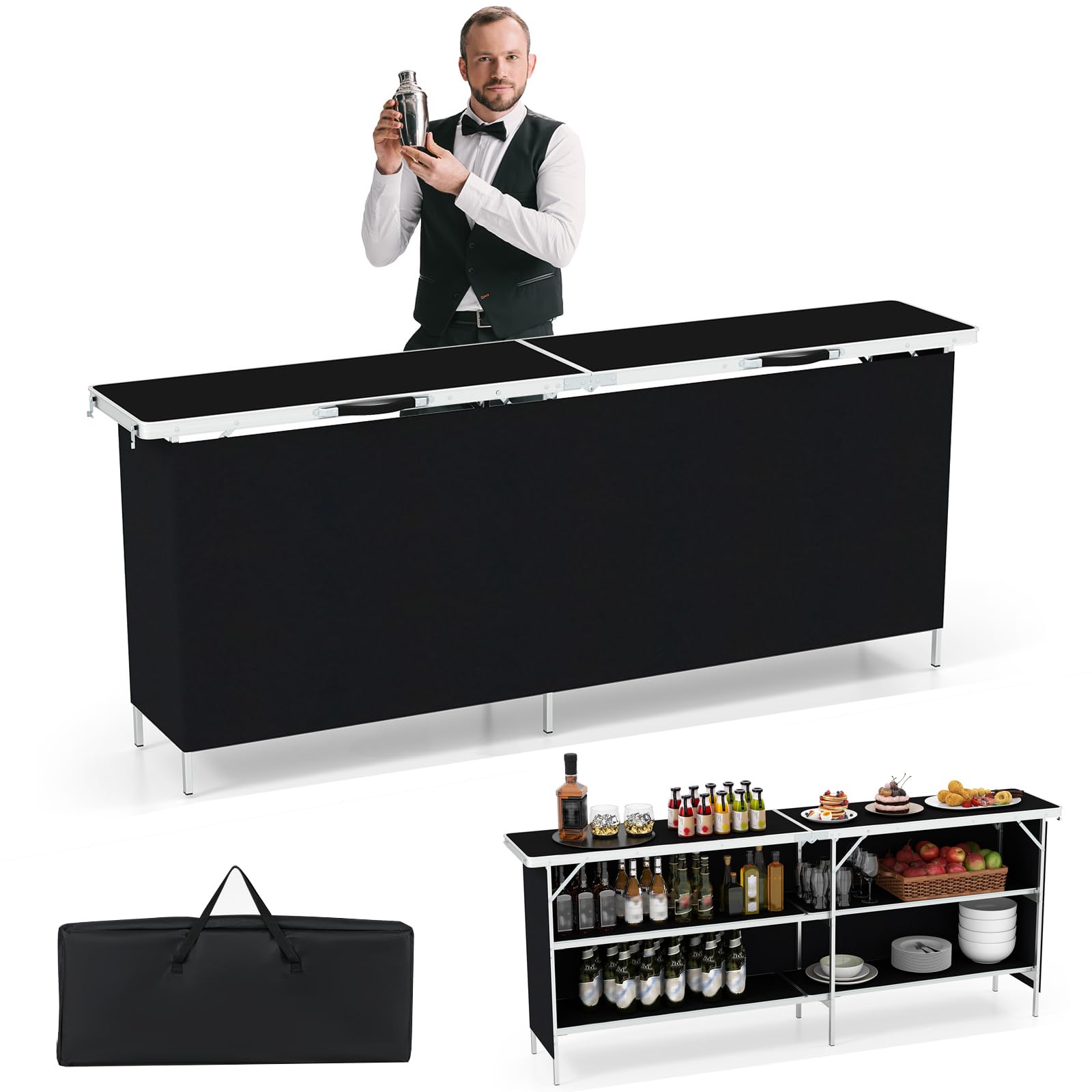 Giantex Extra Long Portable Bar Table with 2 Tier Storage Shelves