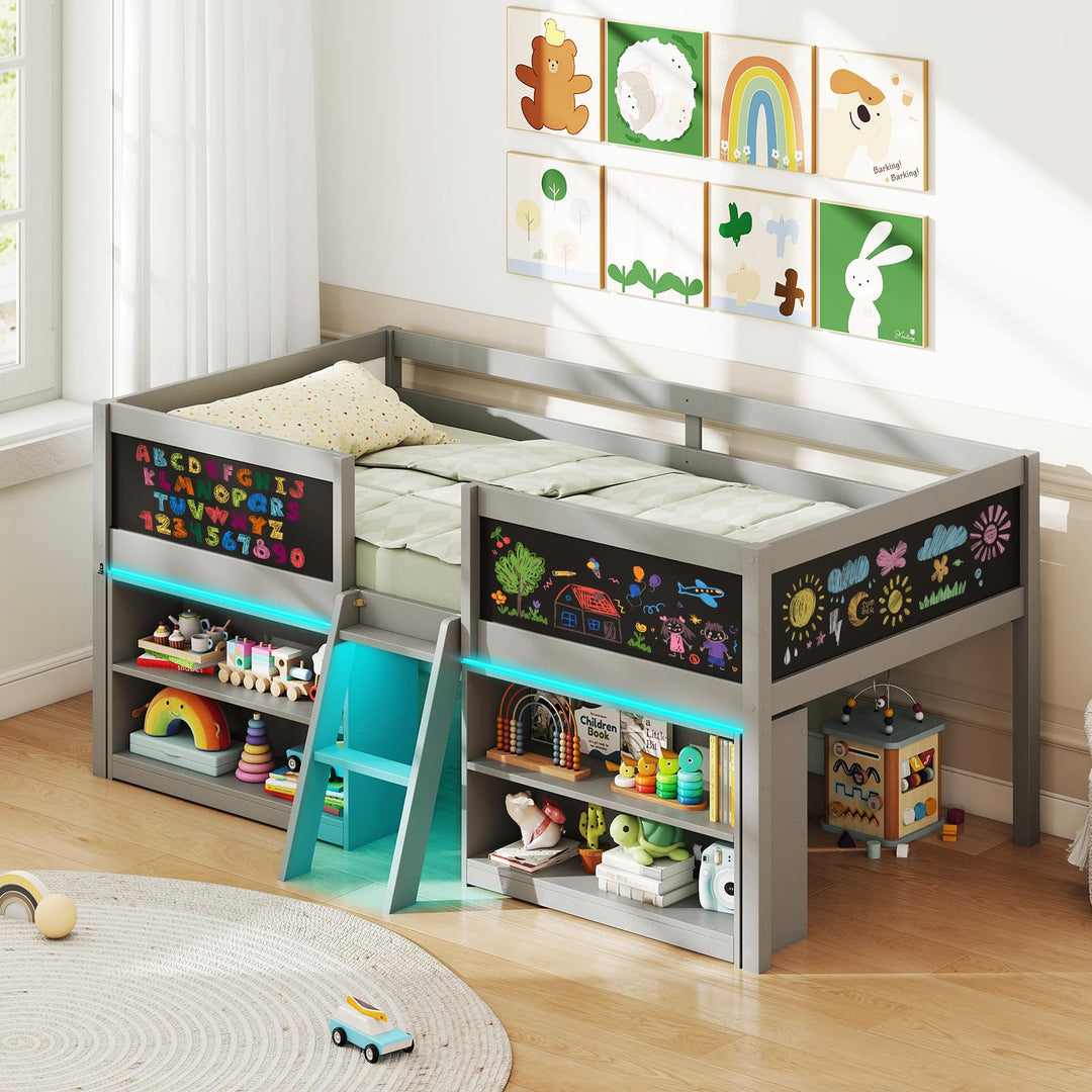 Giantex Low Loft Bed with Storage 2 Bookcases and Play Space