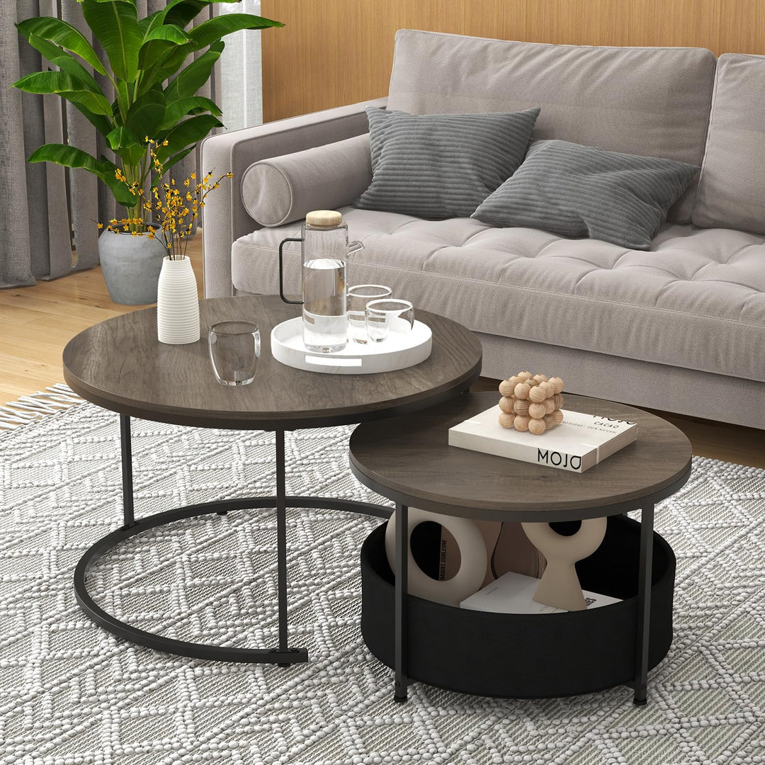 Giantex 31.5" Round Coffee Table with Removable Fabric Basket &amp; Metal Frame