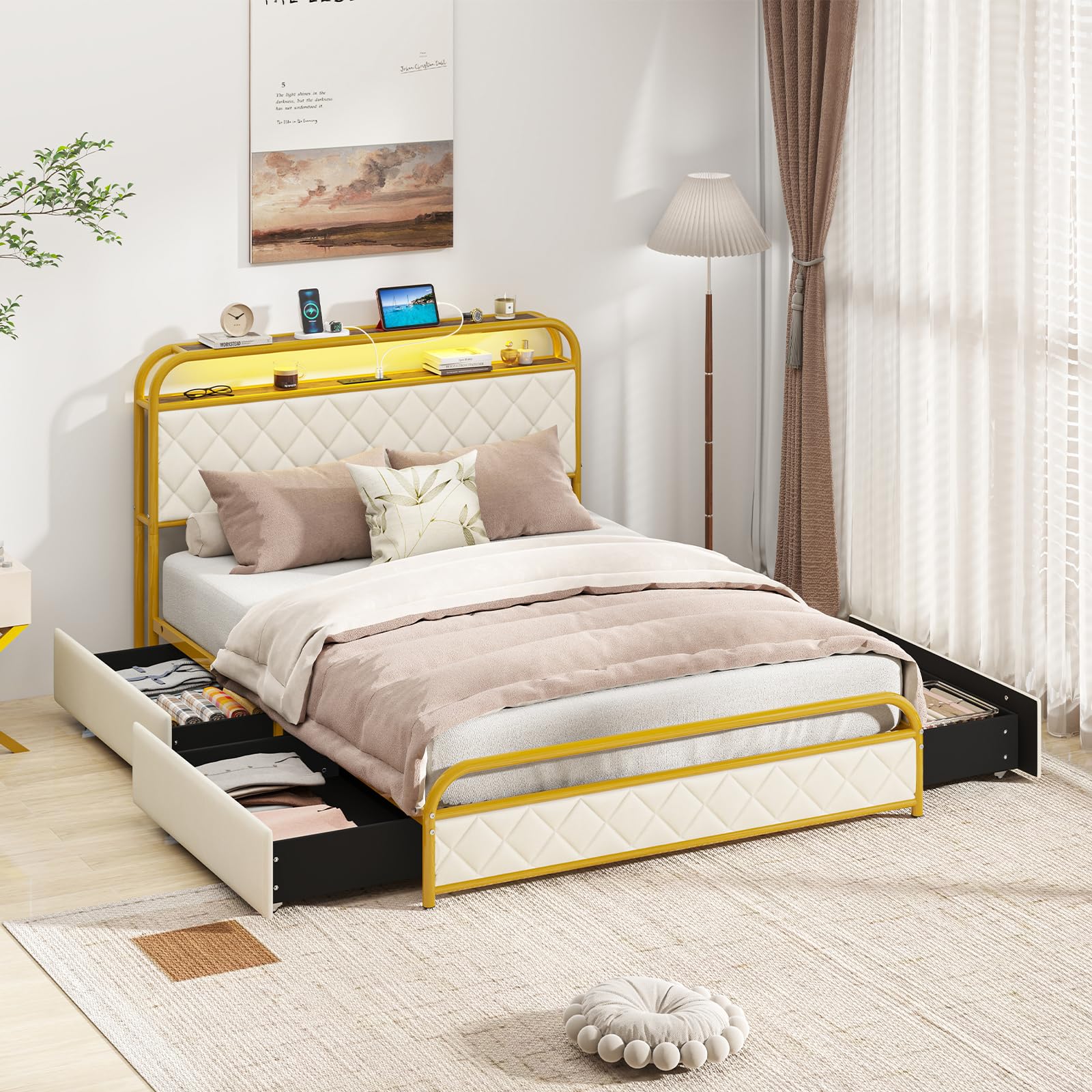 Giantex Bed Frame with 4 Storage Drawers and Charging Station