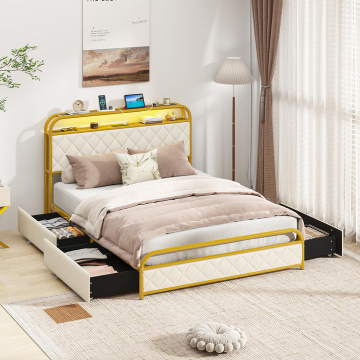 Giantex Bed Frame with 4 Storage Drawers and Charging Station