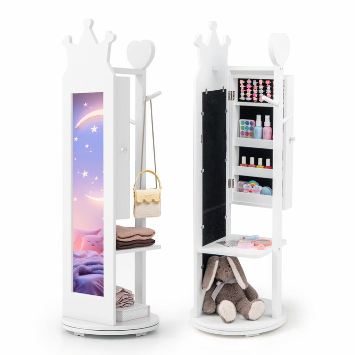 CHARMAID Kids Mirror Jewelry Cabinet - 360° Swivel Jewelry Armoire with Full Length Mirror