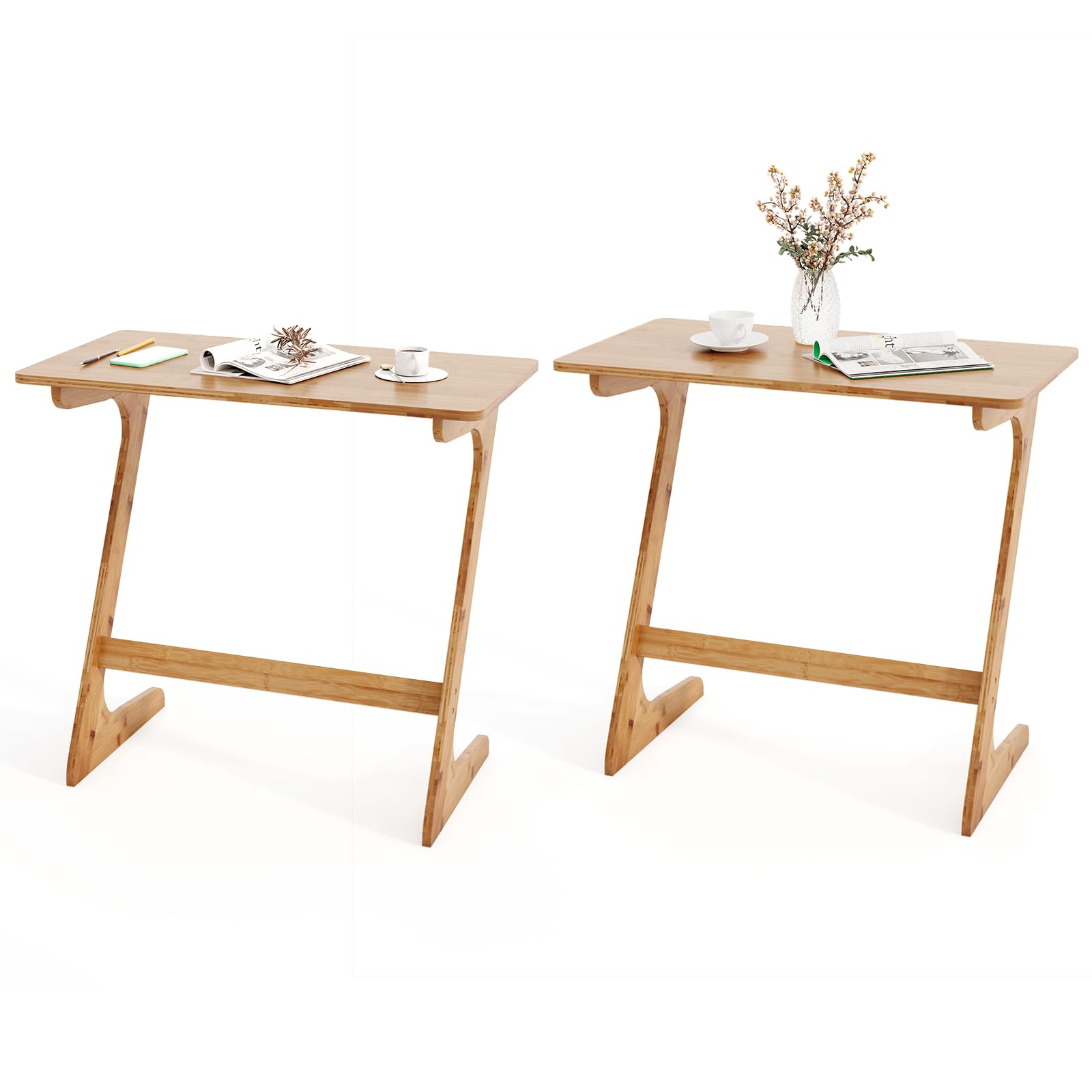 Giantex Bamboo TV Tray Table, Z Shaped Sofa Couch Side Table for Eating Snacks Coffee Laptop