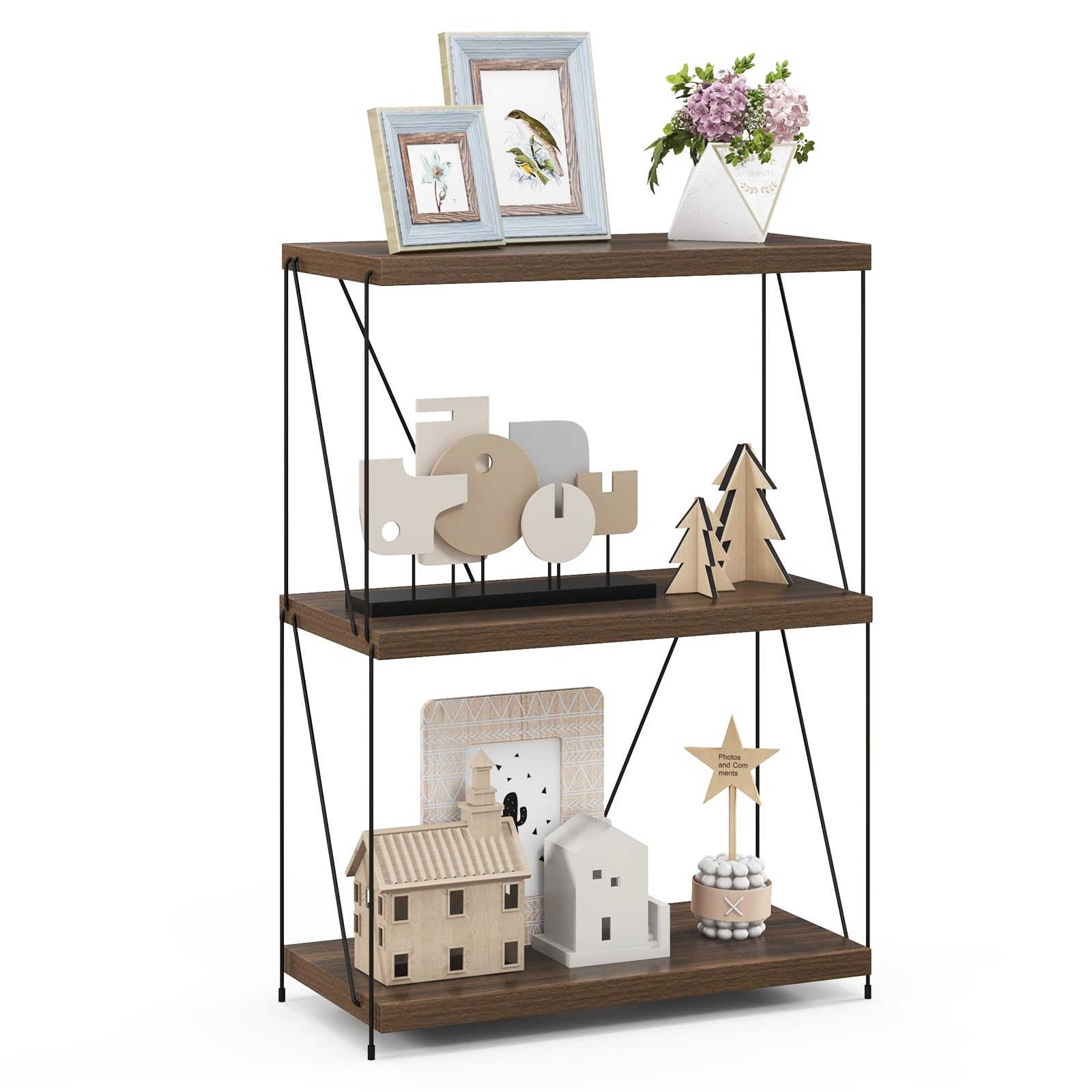 Giantex 3-Tier Open-Back Bookshelf, Freestanding Display Rack, Metal Frame Storage Shelf