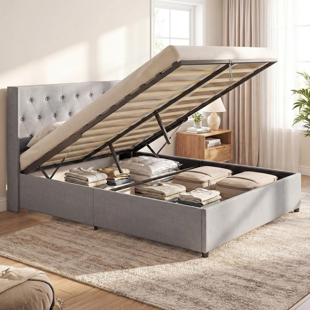 Giantex Modern Linen Upholstered Platform w/Button Tufted Wingback Headboard &amp; Hydraulic Support