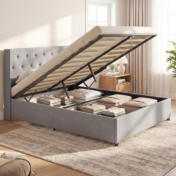 Giantex Modern Linen Upholstered Platform w/Button Tufted Wingback Headboard &amp; Hydraulic Support