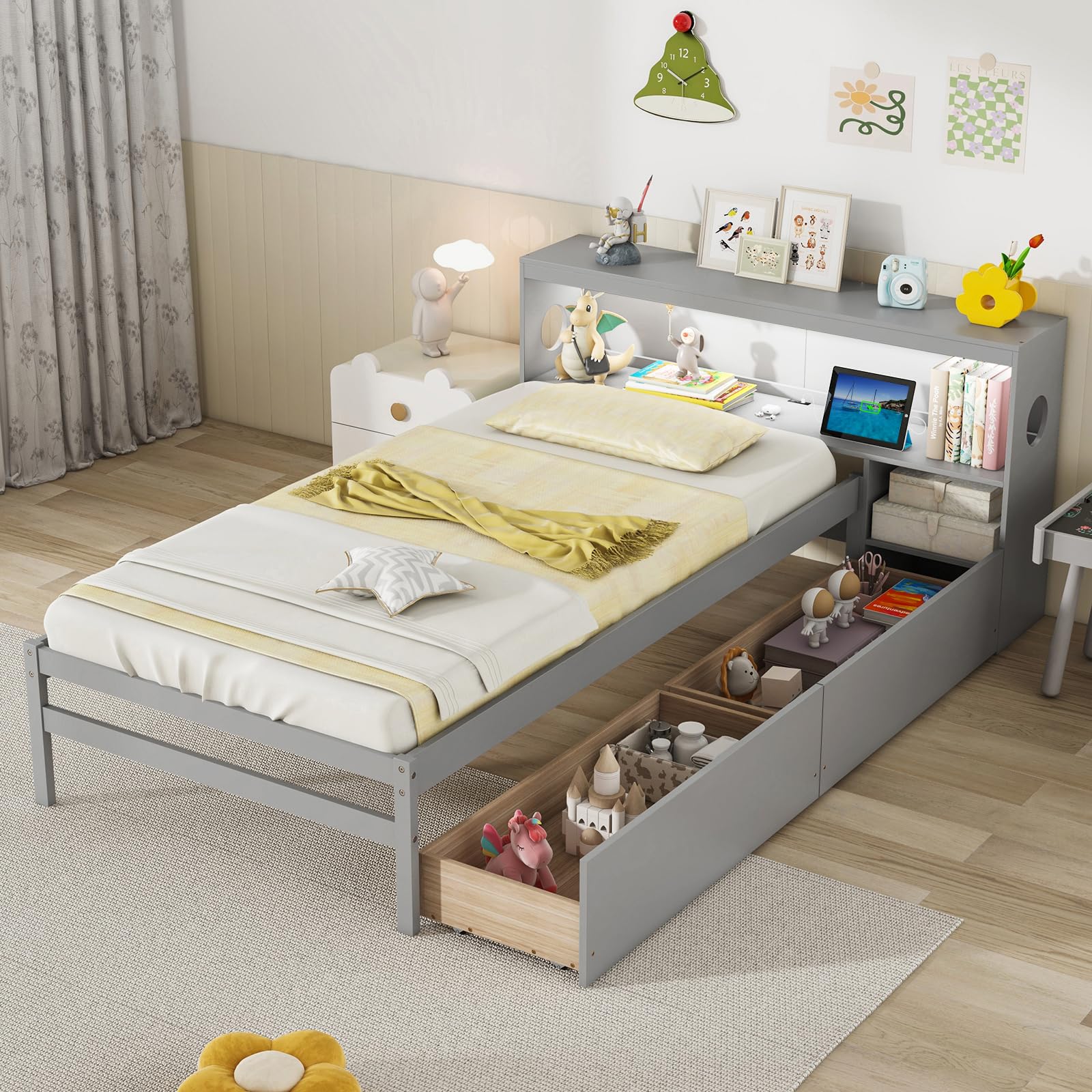 Giantex Wood Twin Bed Frame with Storage Drawer & Headboard, Modern Platform Bed with Charging Station & LED Light