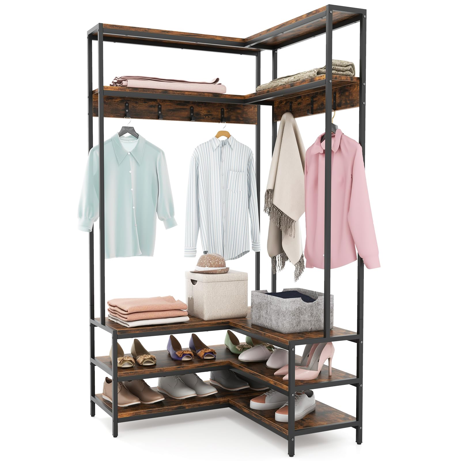 Giantex Corner Coat Rack with Shoe Bench, L-shaped Garment Rack with 5 Shelves & 7 Hooks