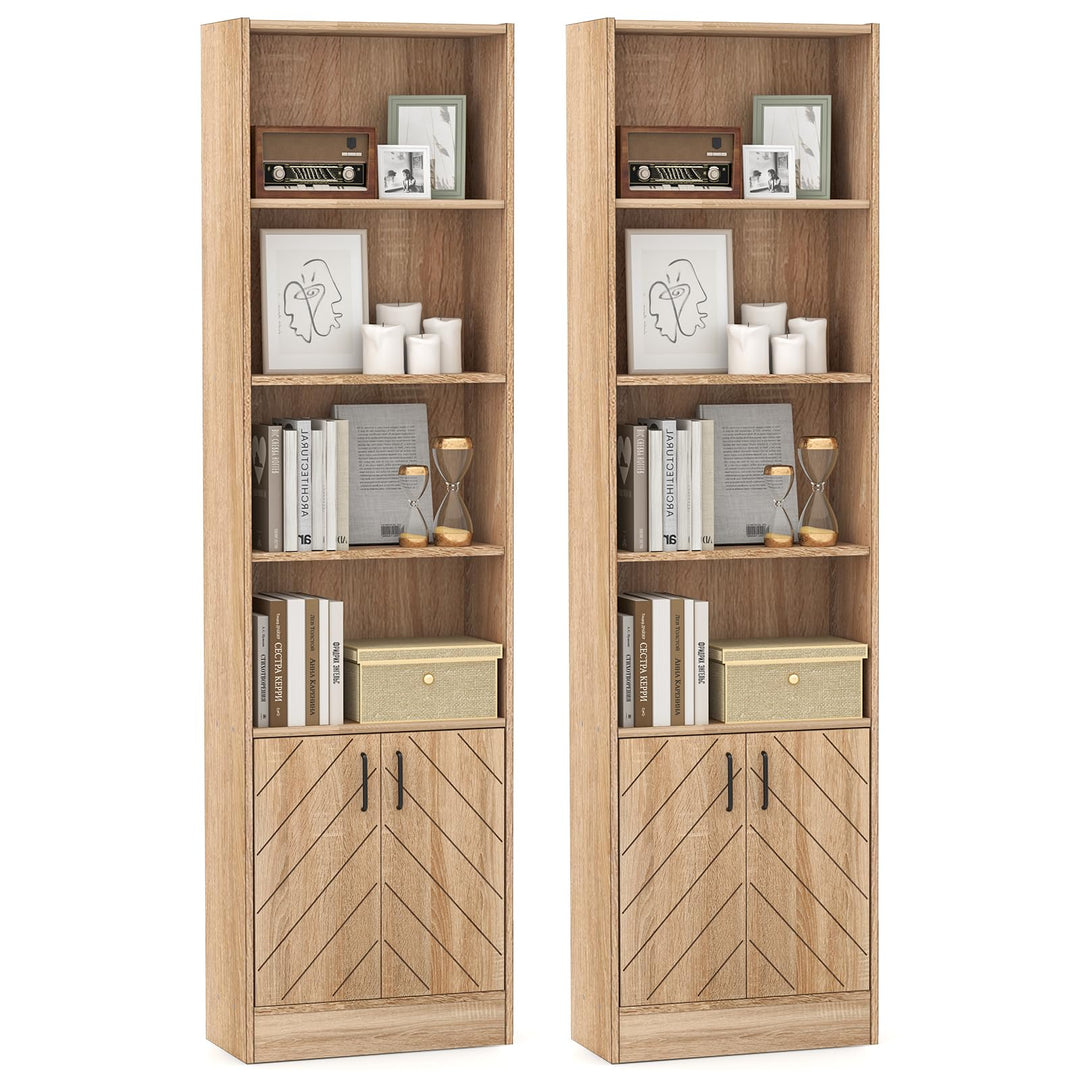 Giantex 6-Tier Bookshelf with Double Doors, 71" Tall Bookcase w/ 4 Open Cubes & 3 Adjustable Shelves