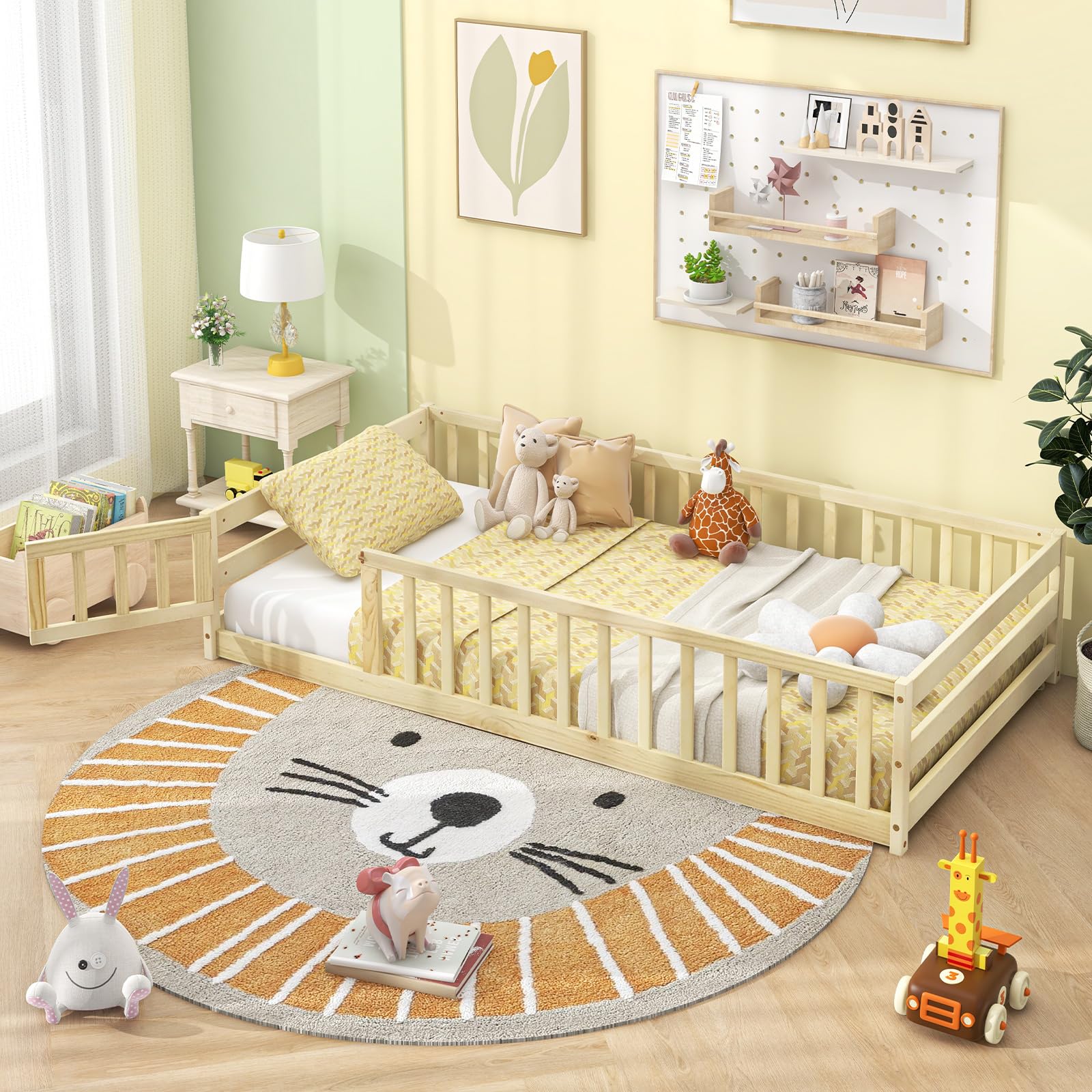 Giantex Twin Floor Bed with Door & Fence, Kids Wood Montessori Bed with Safety Guardrails
