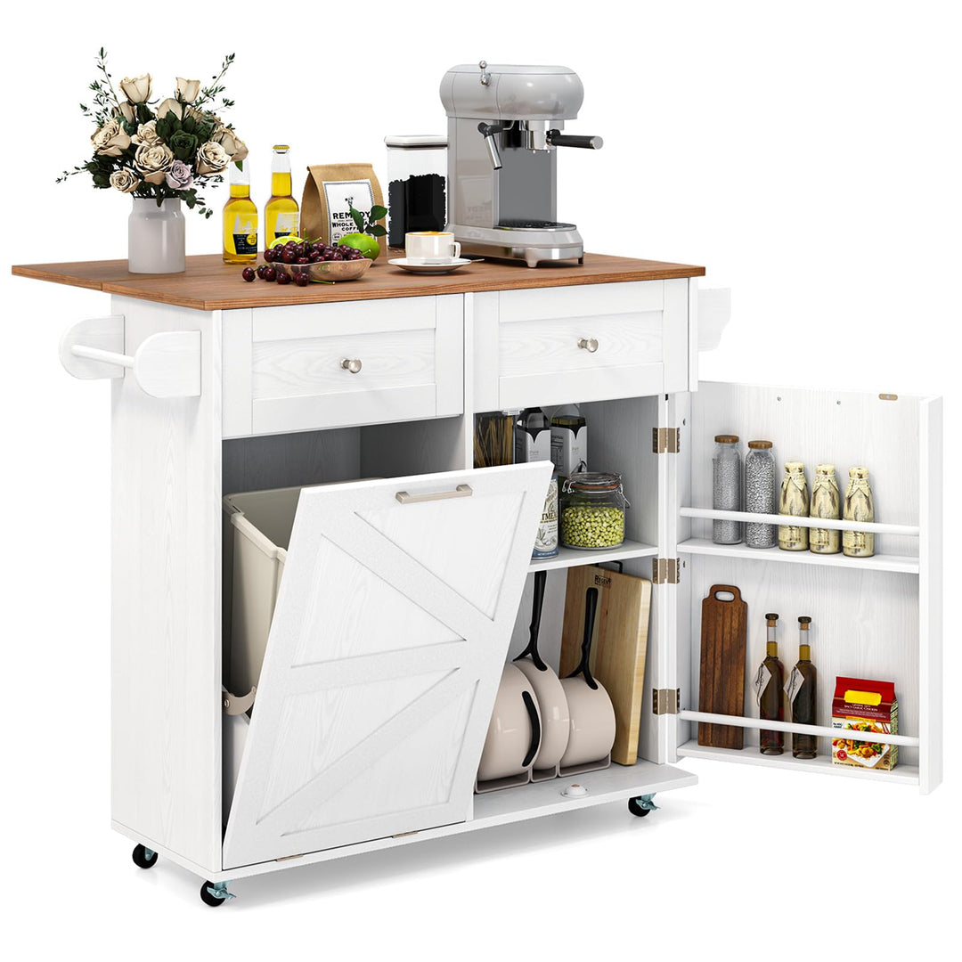 Giantex Kitchen Island Cart with Hidden Tilt Out Trash Can Cabinet, Drop Leaf, 2 Drawers, Towel Rack