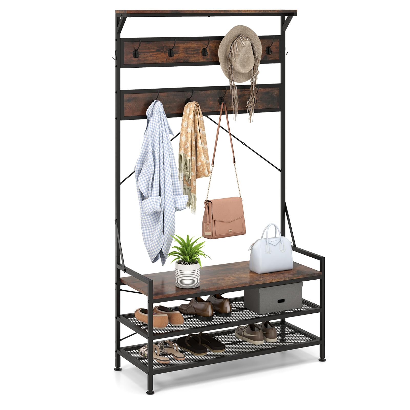 Giantex Freestanding Hall Tree with Shoe Storage Rack and 11 Hanging Hooks