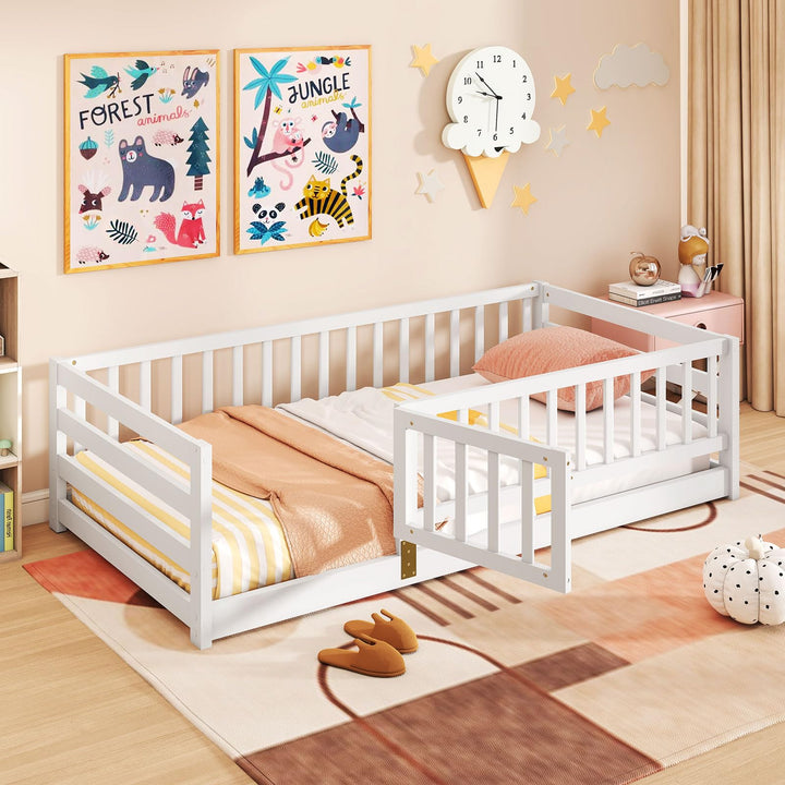 Giantex Twin Floor Bed with High Fence & Door