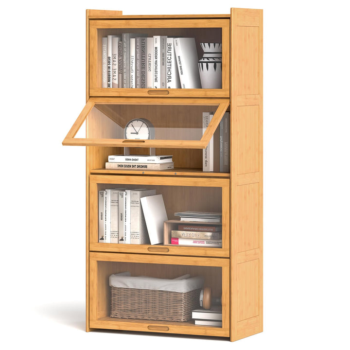 Giantex 4-Tier Bookcase with Clear Doors, 55" Bamboo Bookshelf with Flip-up Acrylic Doors, Freestanding Cube Storage Organizer with Shelves