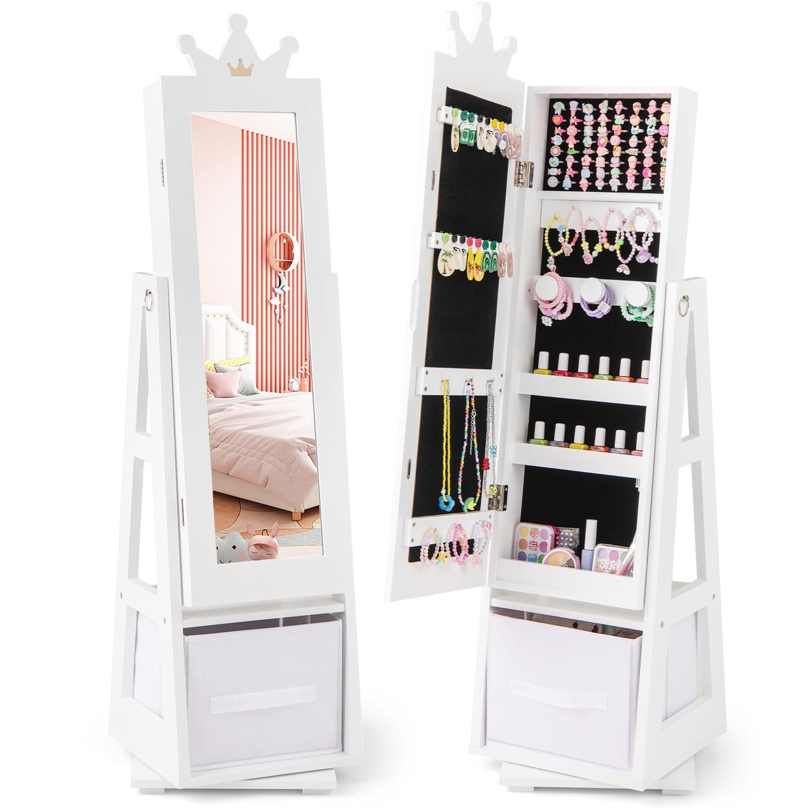CHARMAID 360° Swivel Kids Jewelry Cabinet, 47" Full Length Mirror with Jewelry Storage