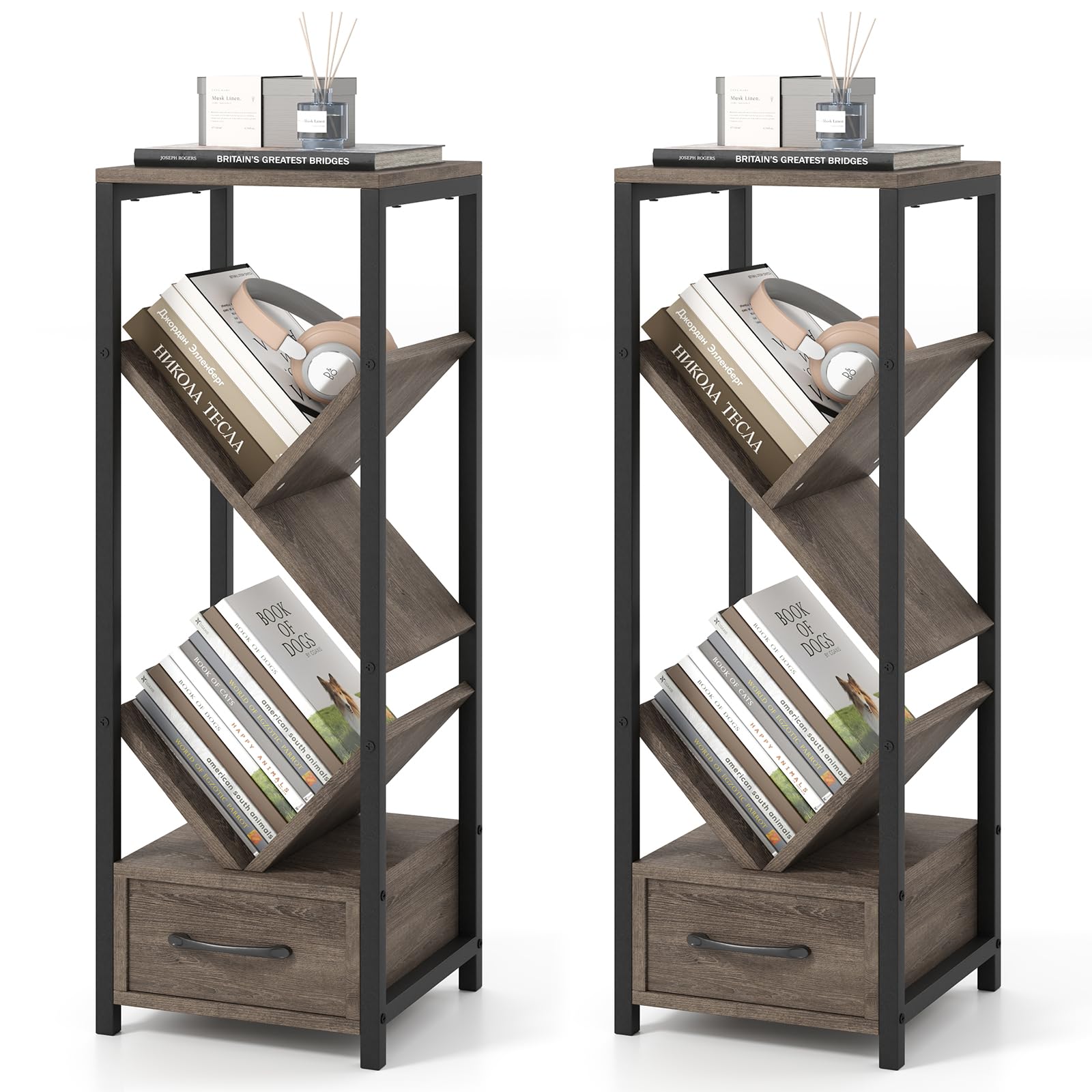 Giantex Tree Bookshelf with Drawer, 4-Tier Narrow Bookcase with Metal Frame, Tall Floor Standing Storage Organizer for Small Space