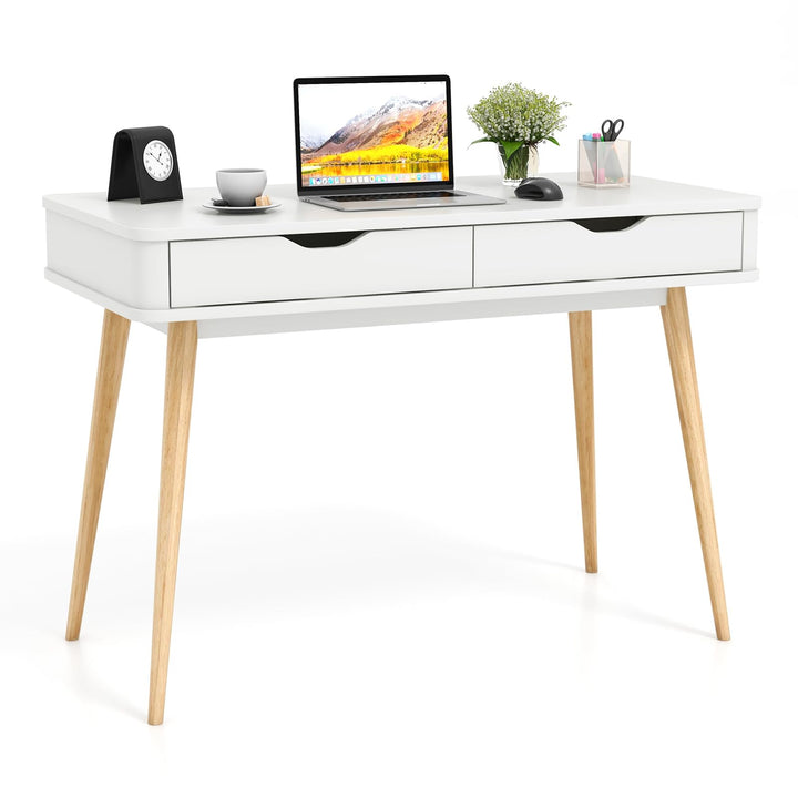Giantex Mid-Century Desk with 2 Drawers, 43.5" Writing Study Desk with Solid Rubber Wood Legs