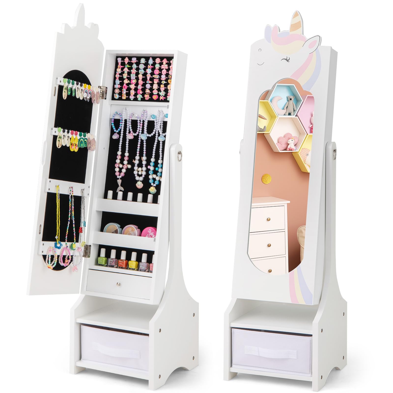 CHARMAID Kids Mirror Jewelry Cabinet - 45.5'' Full Length Mirror with Jewelry Storage