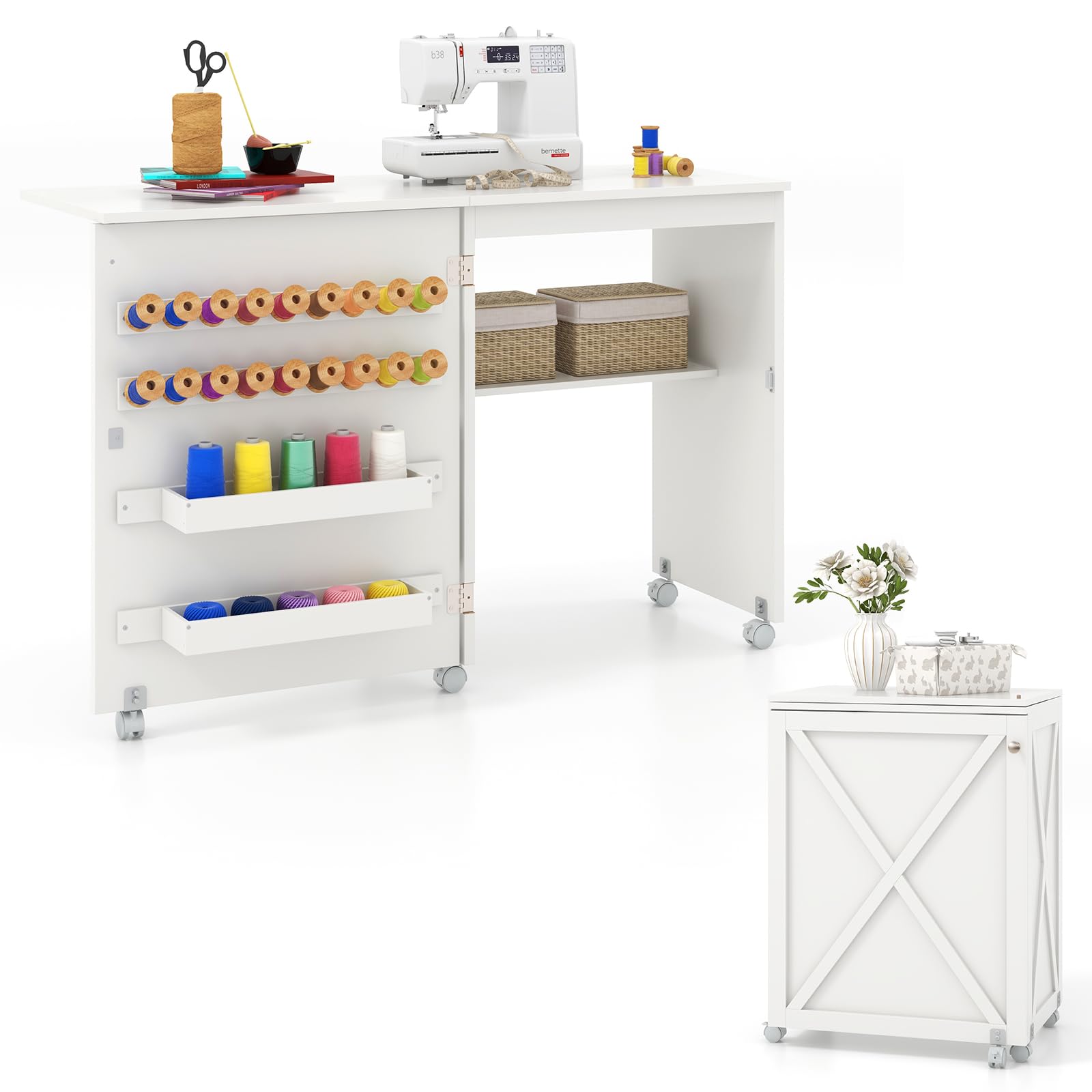 Giantex Folding Sewing Table - Farmhouse Sewing Machine Cabinet with Barn Door